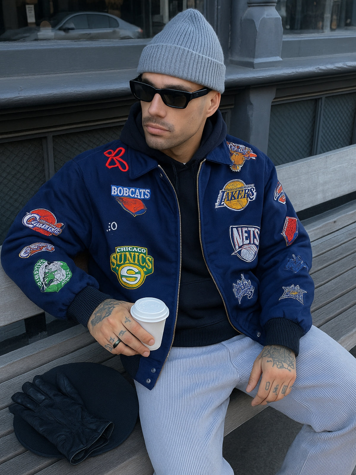 NBA Patch Bomber Collar  – Navy “Low-Key Retro” | Large