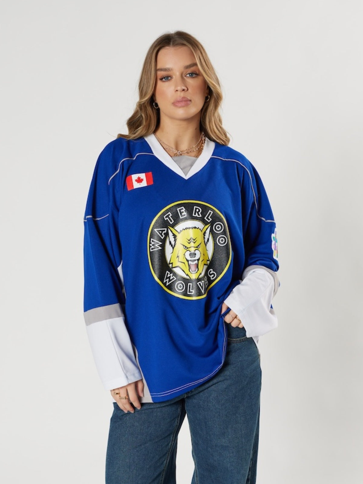 Waterloo Wolves #9 blue hockey jersey vintage Canadian junior league rare