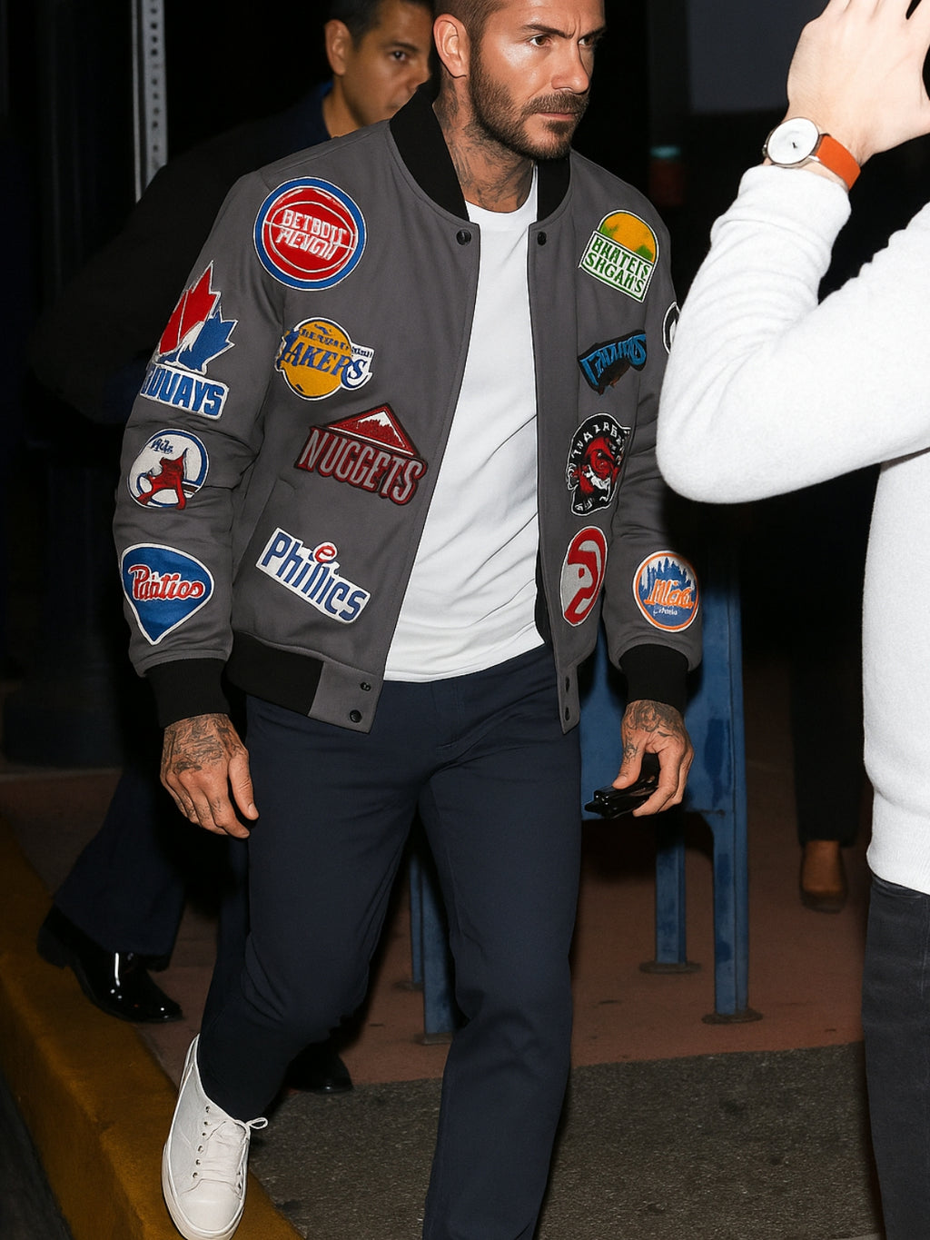 David Beckham Grey NBA patch bomber jacket, black collar MENS