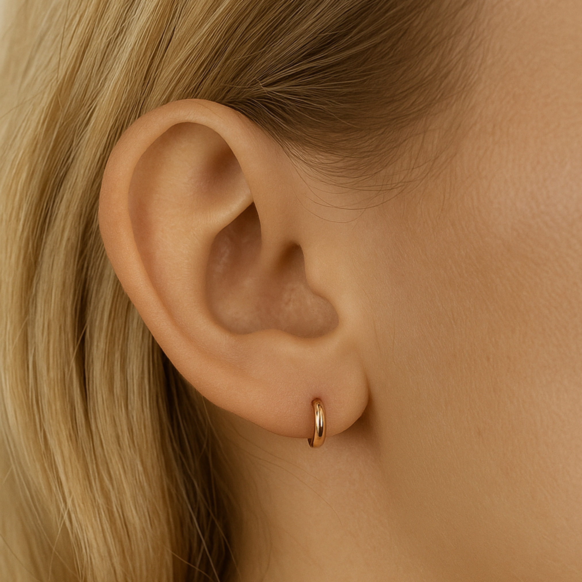 Close-up of 18K gold-filled huggie hoop earring on ear – 9x10mm small hoop