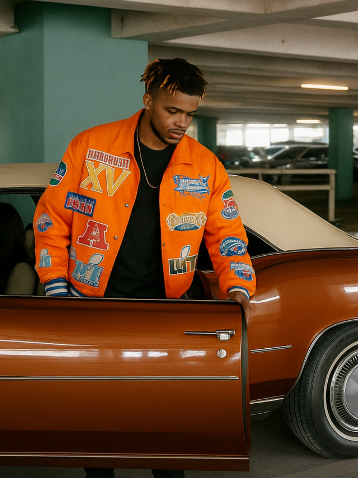Mens Super bowl patch jacket orange man getting out of the car