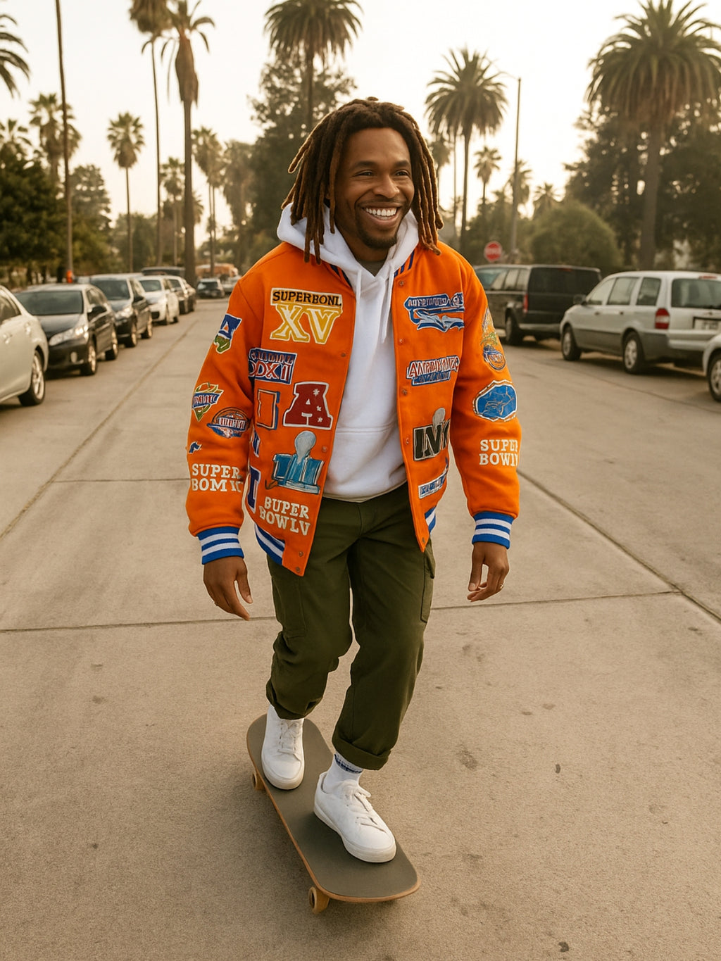 Mens Super bowl patch jacket orange man 2 skate boarding