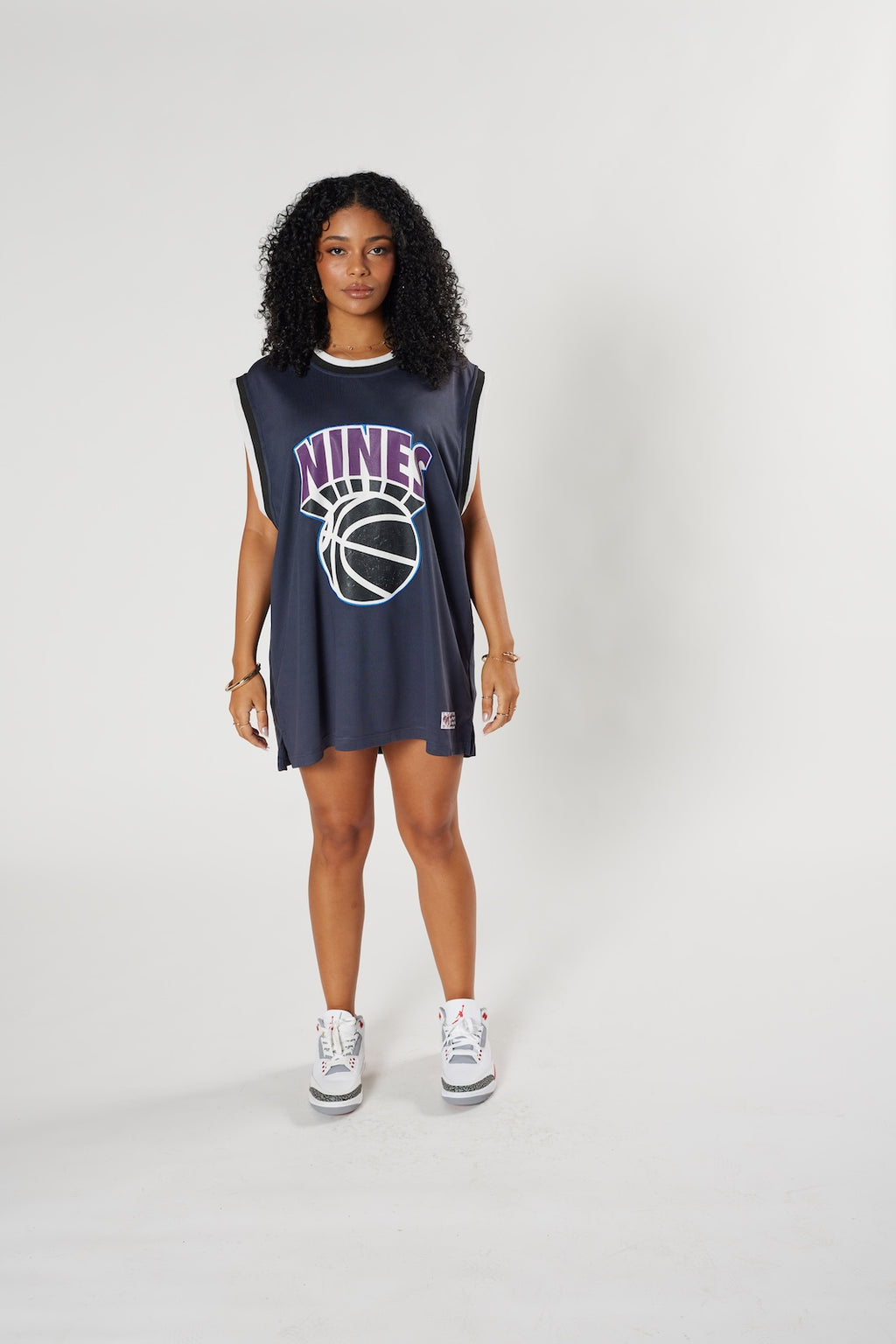 NINES oversized black jersey dress basketball print sports luxe streetwear