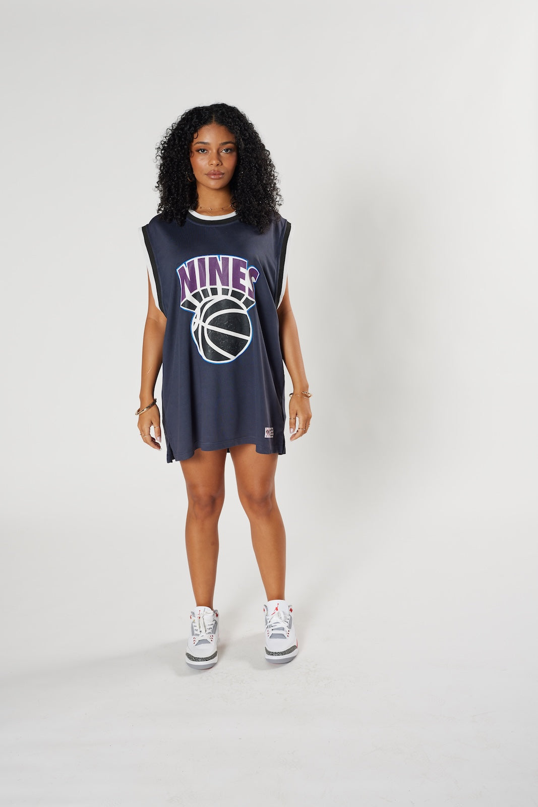 NINES oversized black jersey dress basketball print sports luxe streetwear