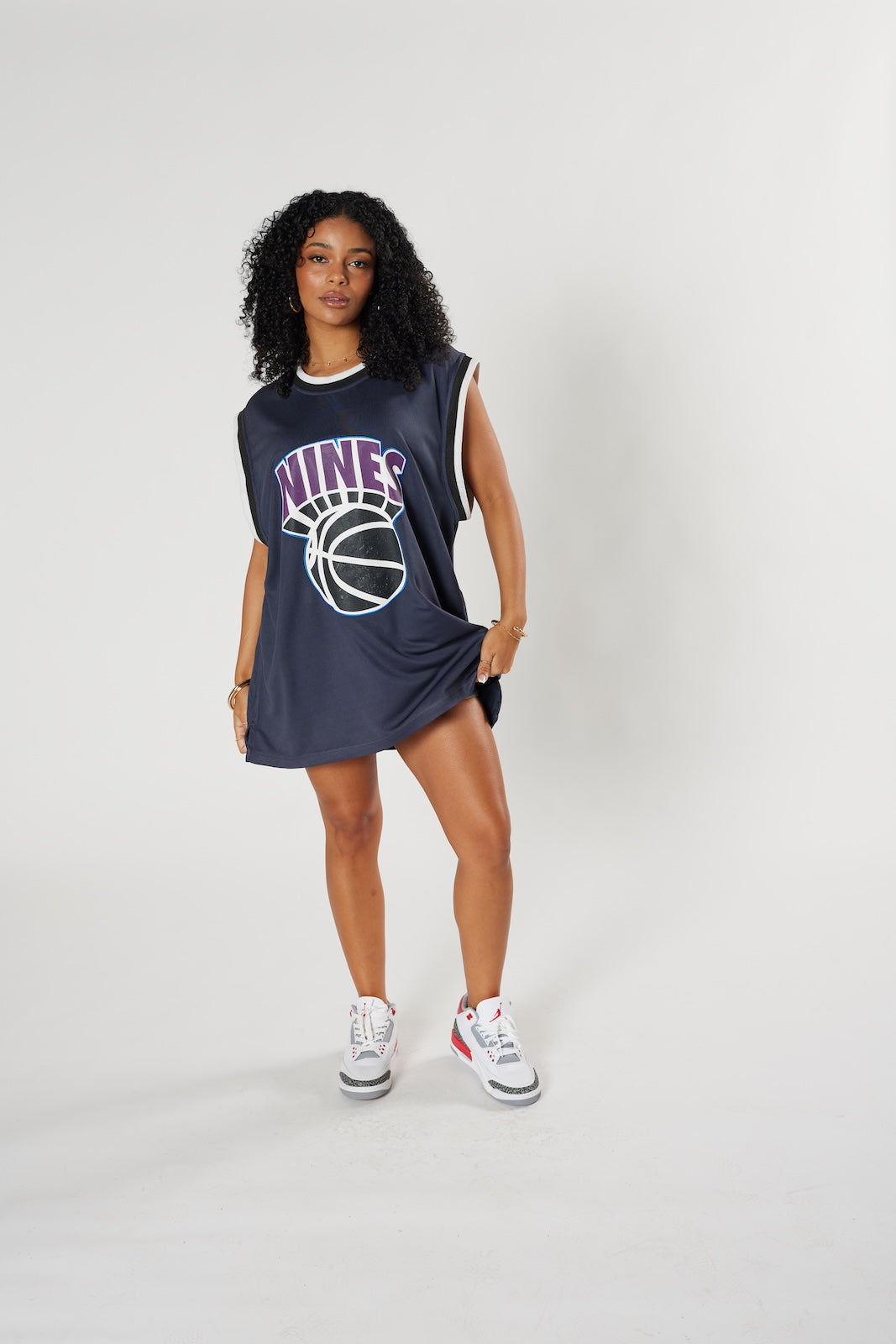 NINES oversized black jersey dress basketball print sports luxe streetwear