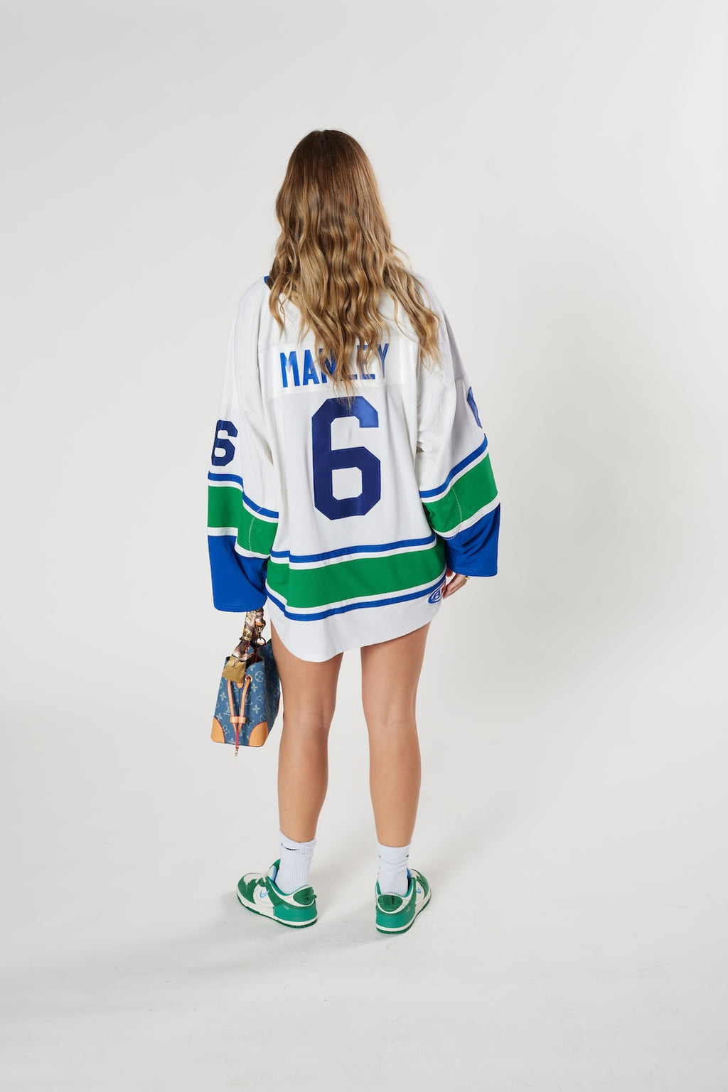 Vintage Utica Jr. Comets Hockey Jersey #6 Manley - White Green Blue