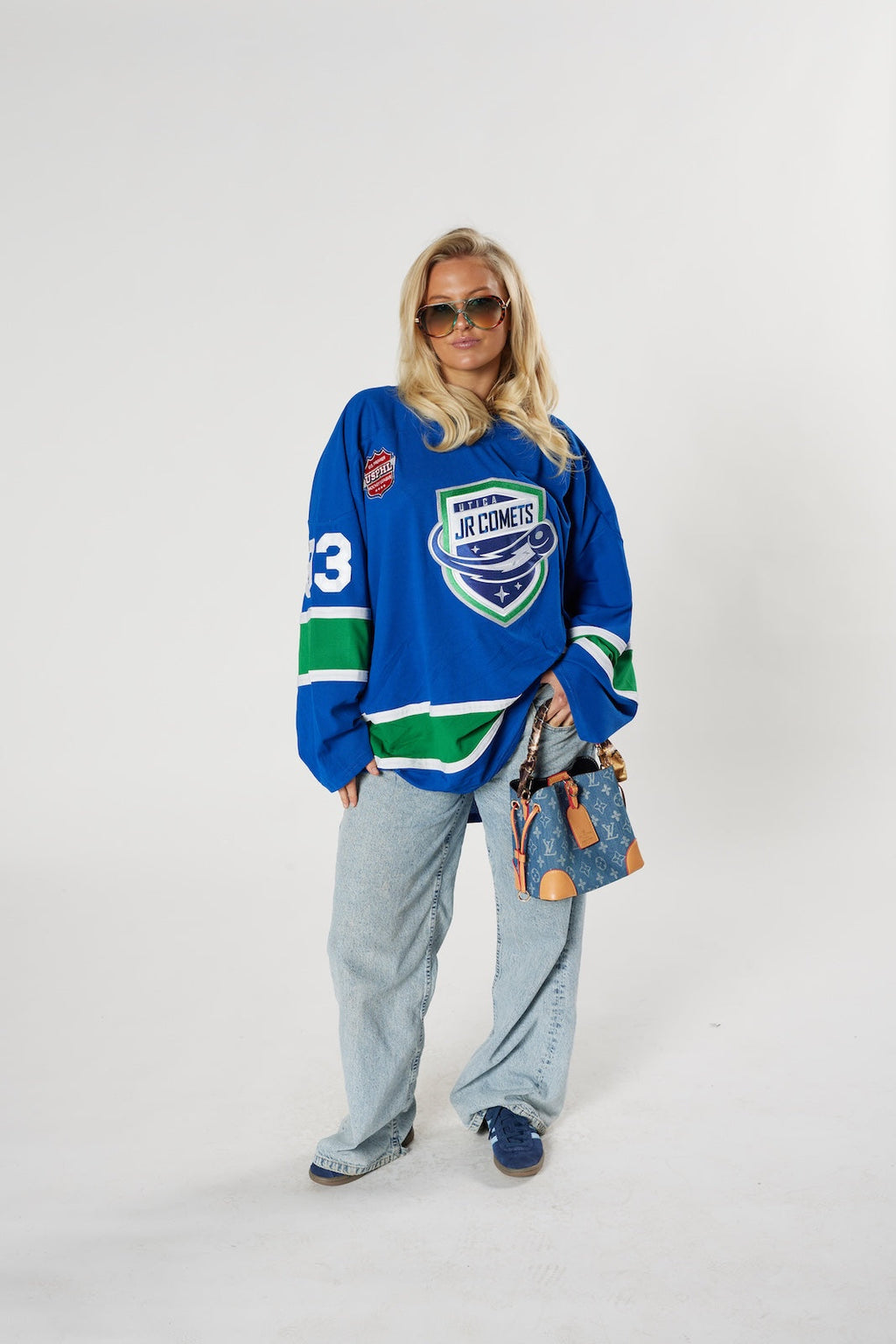 Utica Jr. Comets hockey jersey Barber #93 blue green vintage junior league