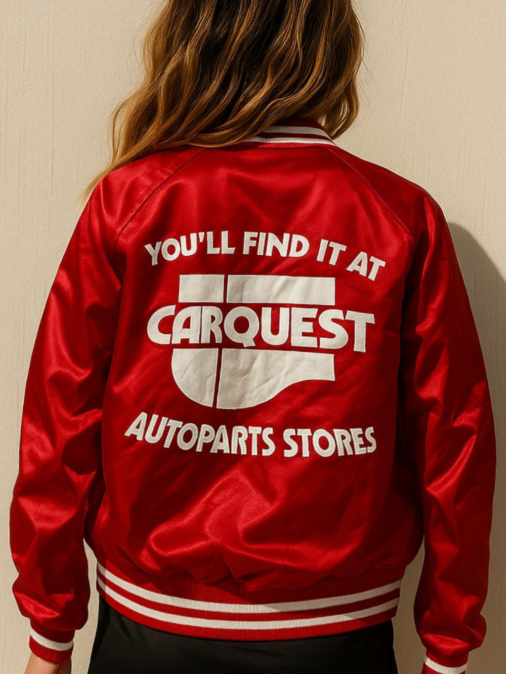 Retro Red Carquest - Vintage 70s–80s Satin Bomber Jacket